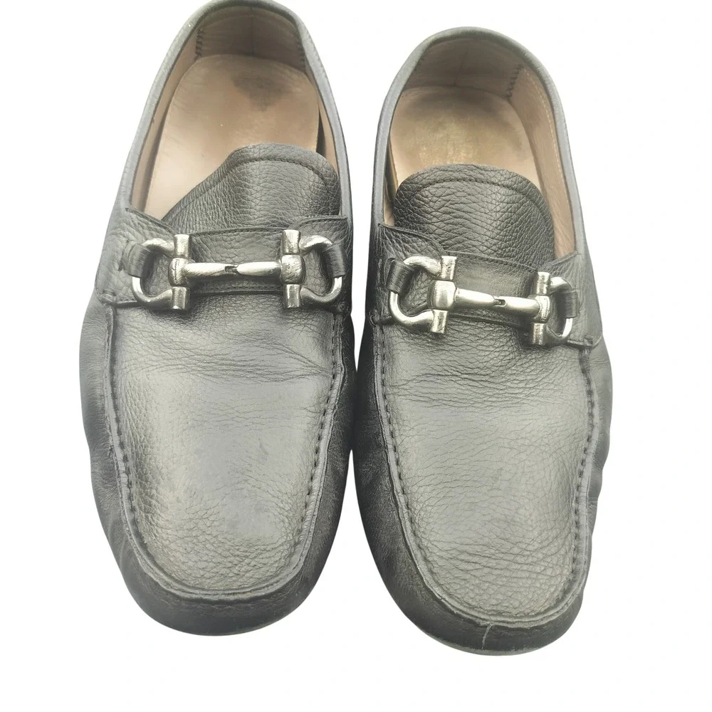 Salvatore Ferragamo Mens Black Pebbled Leather Gancini Bit Driving Loafers Italy